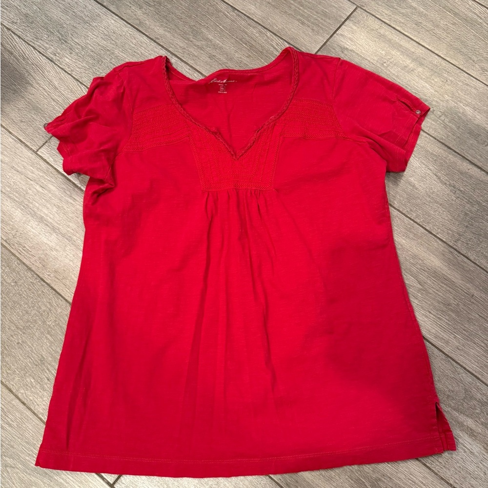 Eddie Bauer Bright Red V-Neck Short Sleeve Tee